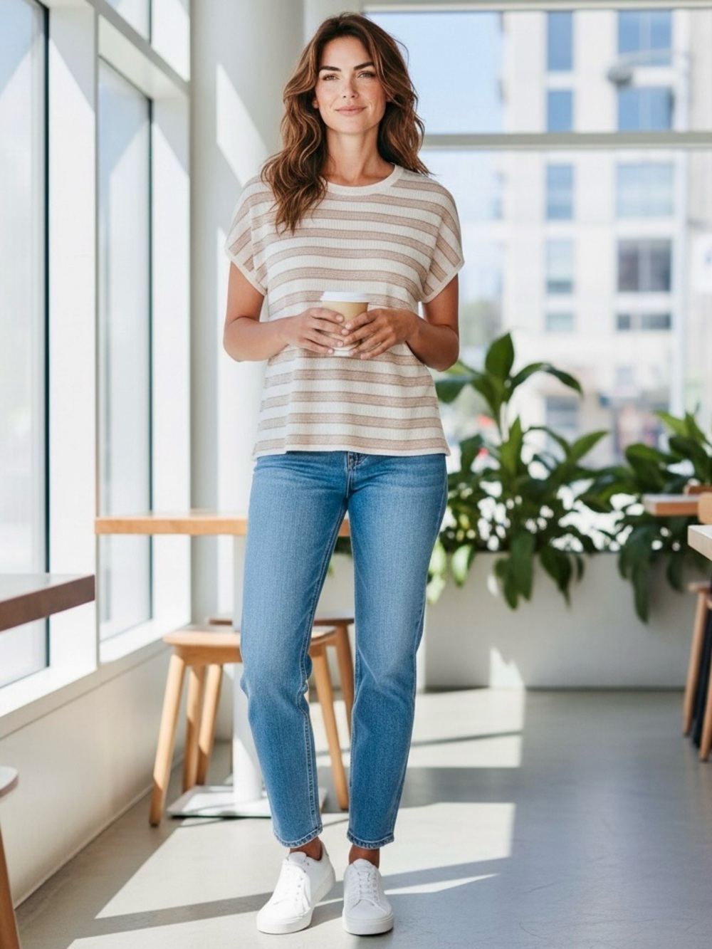 RW&CO. Striped Short-Sleeve Knit Tee in Cream and Beige